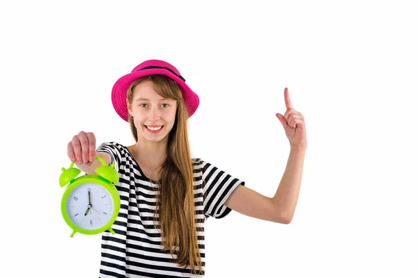 Teen Girl Holding Alarm Clock Poke Copy Space Portrait Caucasian — Stock Photo, Image