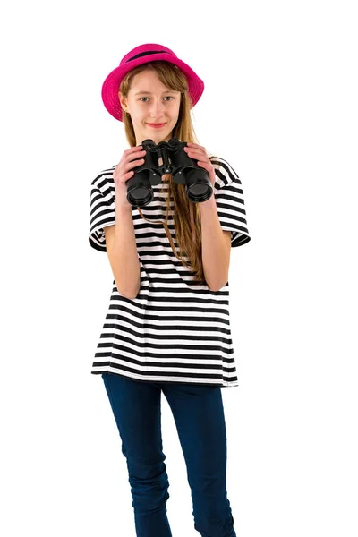 Teenage Girl Looking Globe Binoculars Isolated White Background Travel Weekends — Stock Photo, Image