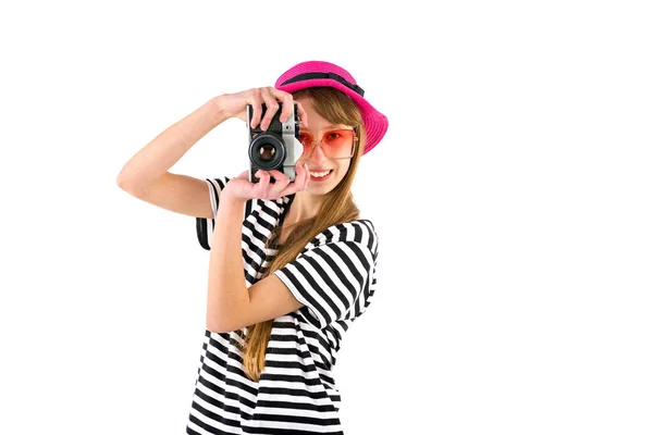 Gelukkig Hipster Meisje Holding Vintage Camera Studio Wit Geïsoleerde Achtergrond — Stockfoto