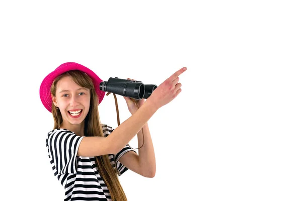 Genç Kız Fotokopi Salonunda Boy Gösteriyor Dürbünlü Dünya Beyaz Arka — Stok fotoğraf