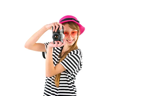 Gelukkig Hipster Meisje Holding Vintage Camera Studio Wit Geïsoleerde Achtergrond — Stockfoto