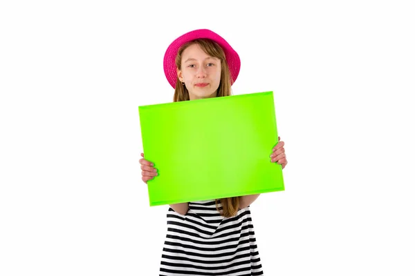 Gelukkig Meisje Kind Met Lege Blanco Papier Geïsoleerd Witte Achtergrond — Stockfoto