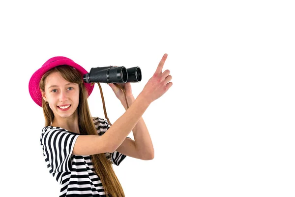 Dospívající Dívka Show Kopírovacím Prostoru Glóbus Dalekohledem Izolované Bílém Pozadí — Stock fotografie