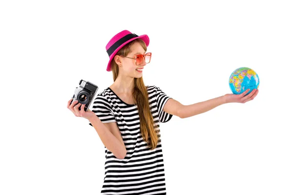 Traveler Tourist Teenage Girl Holding Retro Camera Globe Isolated White — Stock Fotó