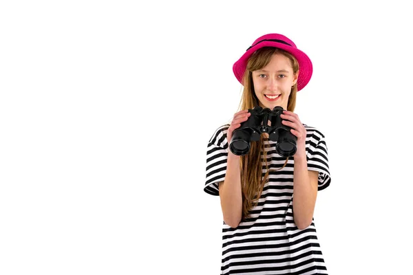 Tiener Meisje Kijken Naar Houden Verrekijker Geïsoleerd Witte Achtergrond Reizen — Stockfoto