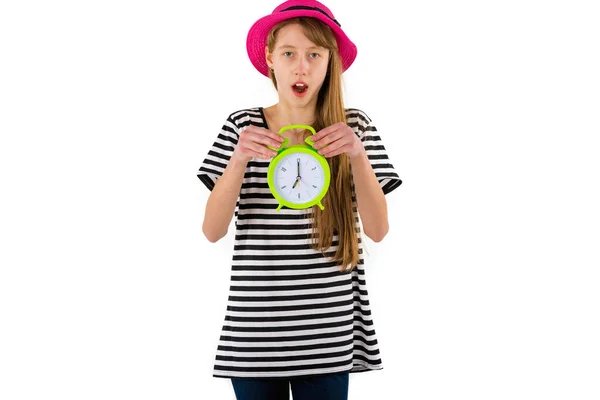 Sleepy Teen Girl Holding Alarm Clock Isolated White Background Portrait — Stock Photo, Image