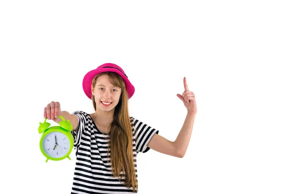 Chica Adolescente Sosteniendo Alarma Reloj Empuje Espacio Copia Retrato Adolescente — Foto de Stock