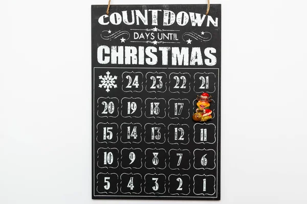 Spielzeugbulle Auf Schwarzem Hölzernem Adventskalender Mit Weihnachts Countdown Ansicht Von — Stockfoto