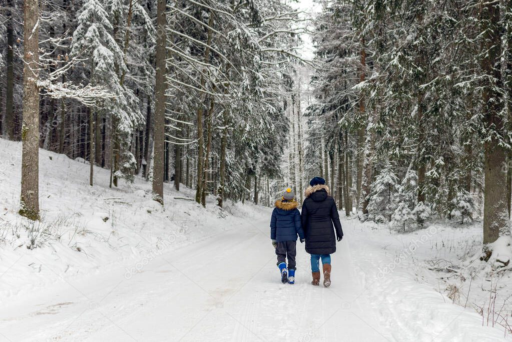 Mother and son walking together on a forest track in winter time back view.