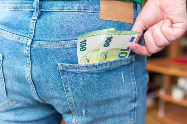 Man Jeans Closeup Back Pocket Euro Money Blurred Background Closeup — Stock Photo, Image