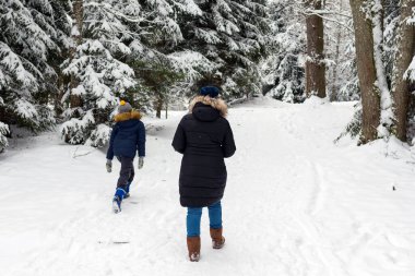 Anne ve oğlu kışın birlikte bir orman yolunda yürüyorlar..