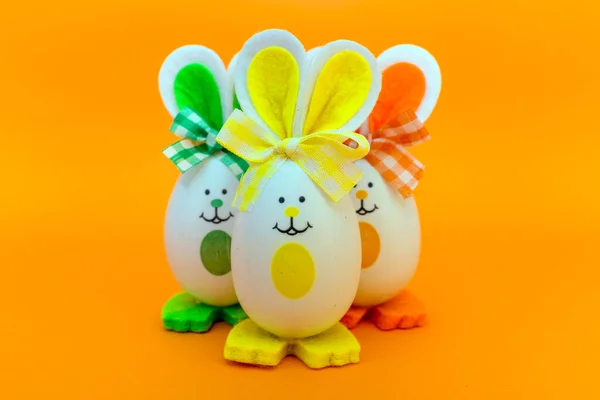 Three Easter Eggs Bunny Ears Spring Yellow Background Spring Easter — Stock Photo, Image
