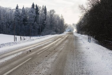 Güzel, soğuk bir günde, karlı ormanda kış yolu.