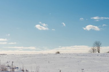 Kırsalda karla kaplı kış manzarası. Avrupa kış manzarası. Açık hava..