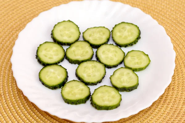 Slices Cucumber Plate Yellow Background Closeup — Stock Photo, Image