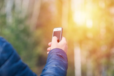 Bir adam cep telefonuyla güneşli bahar ormanlarında sinyal arıyor..