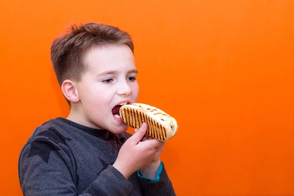 約10歳の少年を保持し ホットドッグをかむ屋内ニンジンスタジオの背景画像 — ストック写真