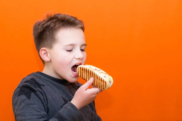 ハンサムな10歳の男の子は熱い犬を屋内オレンジのスタジオの背景画像を保持し — ストック写真