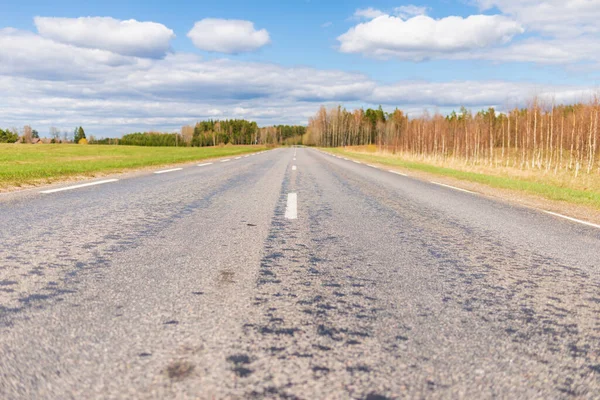 Asphalt Road Field Forest Sunny White Cloud Blue Sky Image — Stock Photo, Image