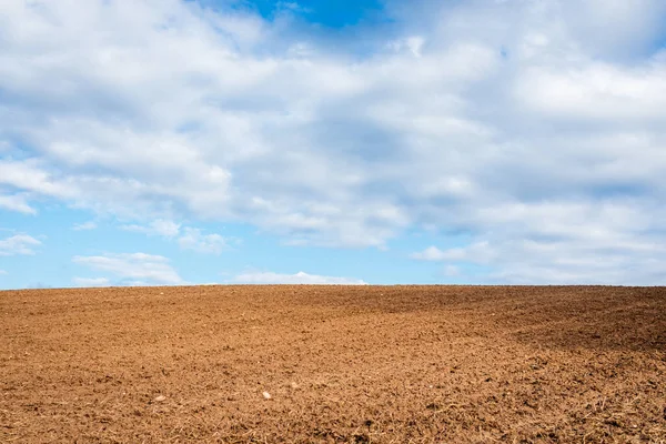 Plowed Brown Field White Clouds Blue Sky Cloudy Sky Brown — Stock Photo, Image