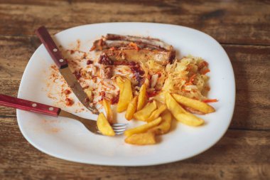 Partiden sonra yemek artıkları yerinde. Kapalı çatal, tabakta bıçak, ahşap masada yemekten sonra boş..
