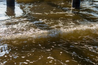 Gün batımında sütun köprüsü rıhtımları. Gün batımında köprünün altından gün batımına, yolculuk için arka plan, sahilde gün batımına bakmak, sütunda Rock Barnacle çubuğu..