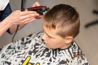 Tatlı çocuk saçını kestiriyor, profesyonel berber saçını kesiyor. Çocuklar için saç modeli. Berber dükkanındaki çocuk resimleri..