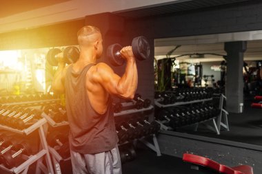 Spor salonunda aptal gibi egzersiz yapan genç ve formda bir adam. Sağlıklı bir adam aptallarla çalışıyor. Kapalı alanda çekim yapıyor..