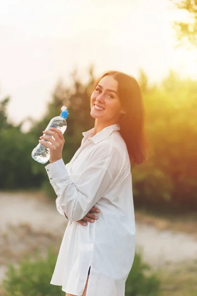 Girl Drinks Water Plastic Bottle Young Caucasian Woman Nature Forest — Stock Photo, Image