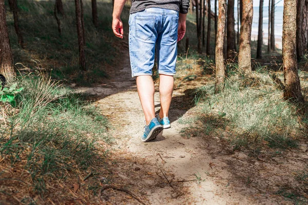 Man walking or running on path in forest summer natureo outdoors, sport shoes and exercising on fotpath.Closeup.