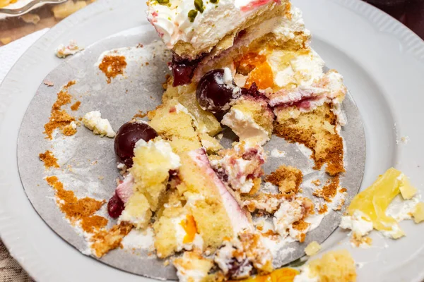 Leftover cake on the white plate closeup.Unhealthy food, high calories food, diabetes and dessert concept.