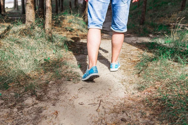 Man Walking Running Path Forest Summer Natureo Outdoors Sport Shoes — Stock Photo, Image