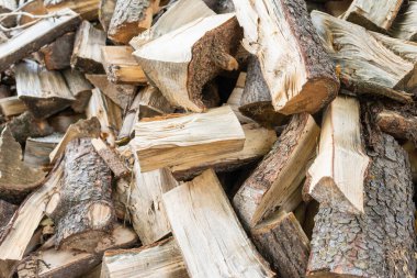 Kış mevsimi için yakıt ve ısı kaynağı. Yakacak odun ısıtma mevsimi için hazırlanıyor. Farklı ağaçlardan kesilmiş odun, açık havada..