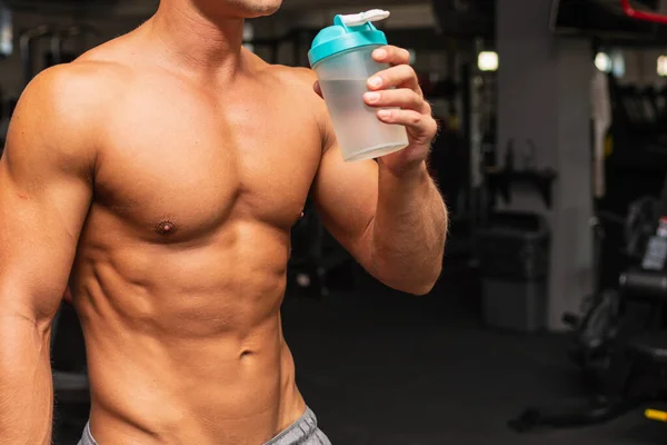 Young Caucasian Man Drinking Water Exercise Man Gym Drinking Shaker — Stock Photo, Image