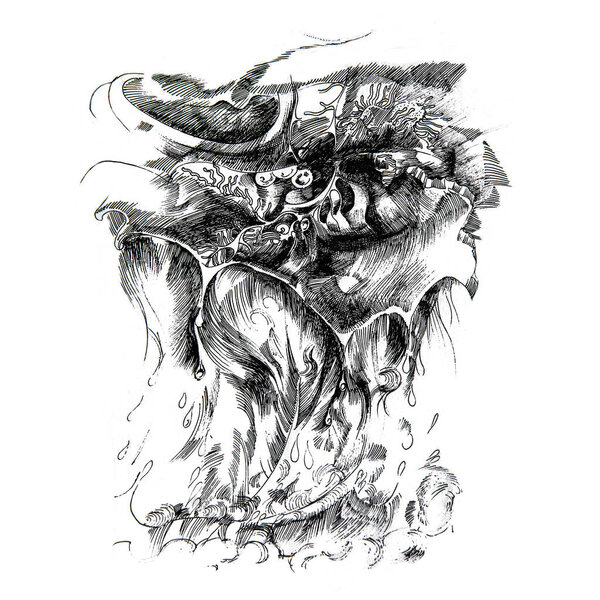 Graphic drawing of sea waves, storm and rain.