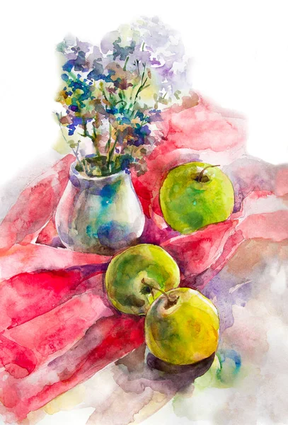 Martwa natura z zielonymi jabłkami na stole. Czerwony, różowy obrus. Malowanie akwarelami. Rysunek farbami na bazie wody. Do dekoracji wnętrz i tekstu.Kolorowa ilustracja do druku. Owoce. — Zdjęcie stockowe