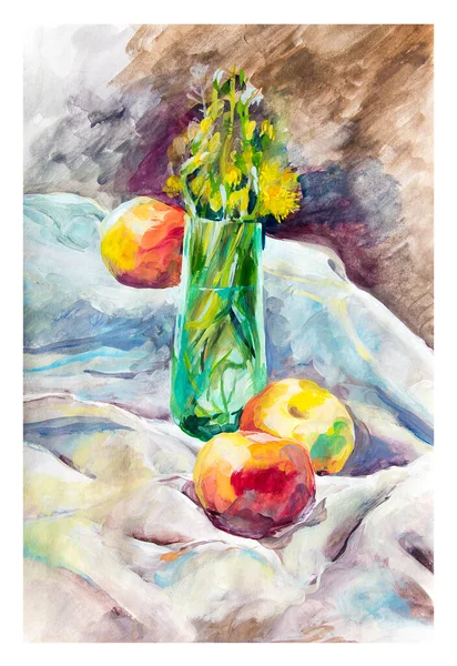 Drawing with gouache and acrylic paints.Still life with dandelions in a green glass glass and apples on a white cloth. To decorate your interior or text. Colorful print illustration. Background.