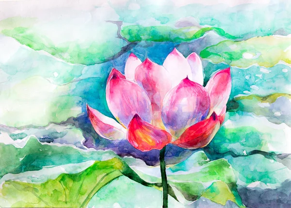 Watercolor painting. Pink Lotus, Lily on green, blue water. A Bud with beautiful petals. Yoga, religion, Buddhism, esotericism, psychology. Drawing with water-based paint. To decorate your interior