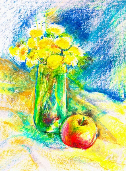 Drawing with crayons, crayons, and pastels on white paper. Still-life. a bouquet of dandelions in a green transparent glass and an Apple. On the table. To decorate your interior and text.