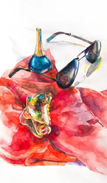 Watercolor painting. Drawing with paints. A hair clip, glasses, nail Polish, and a red handkerchief. Colorful items of womens wardrobe and toilet.For decorating a hair salon, beauty salon, or store.