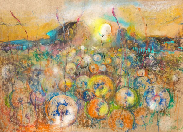 Drawing with colored crayons, pencils, and pastels on a dark background of craft paper.Dawn in the village.Summer morning with dandelions behind the sheds.Rural landscape. Interior and text decoration