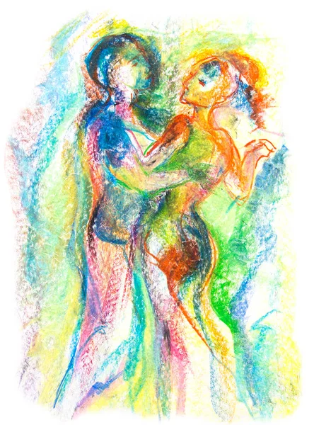 Dessin sur papier blanc avec crayons de couleur, crayons et pastels.Couple dansant. Un homme et une femme s'embrassent. Soirée dansante sociale. Bachata, tango, kizomba, salsa. Pour décoration murale, poster. — Photo