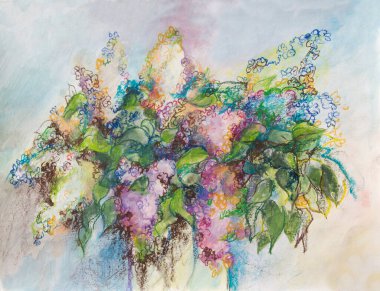 Mürekkep, kalem, leylak eskizinin suluboya dalları. Çizgi sanatı geçmişi. Elle çizilmiş doğa resmi. Freehand çizim çizimi. Mürekkep boyası