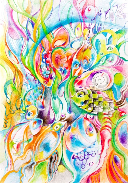 Illustration Avec Crayons Couleur Poissons Algues Image Graphique Bitmap Abstraction — Photo