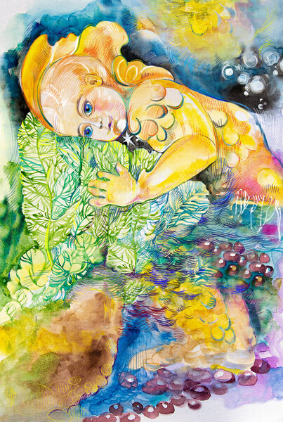 The children's day and motherhood. The child, the environment, the fragility of nature. Figure of a child in the river and trees.Illustration with watercolors and colored pencils.Graphic bitmap image. Abstraction. For design, interior, and text.
