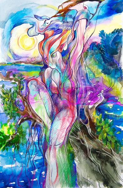 水彩と色鉛筆でイラスト 女の子 木の上の神秘的な生き物 抽象化 インテリアデザインとテキストのために — ストック写真