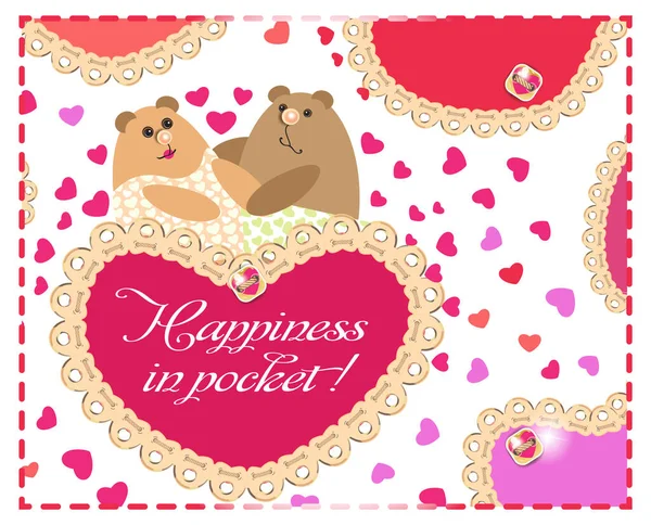 Felicidad Está Bolsillo Día San Valentín Animales Lindos Una Postal — Vector de stock