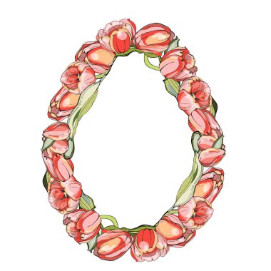 Yumurta şeklinde Paskalya çerçeveleri. Kusursuz lale çelenkleri. Tatili süslemek için. Doğuya. Sevgililer Günü, Anneler Günü. Dini bir tatil. Düğün. Pembe lale bütçesi..