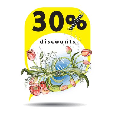 Satışlarda indirim. Pembe lale çiçekleri ve yağmur, İlkbahar. Özel fiyat etiketleri. % 30 indirimli semboller. Konuşma baloncukları ya da sohbet sembolleri. Sarı arka planda. Raster.