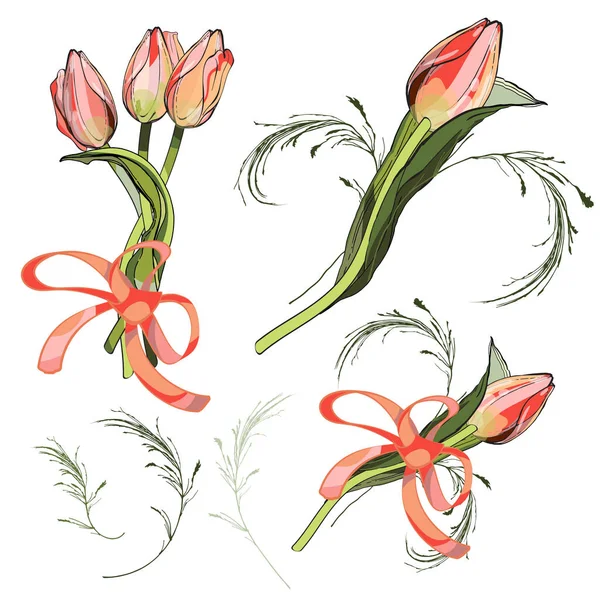 Różowe Tulipany Słodki Bukiet Zestaw Graficznych Ilustracji Vintage Romantyczne Kwiaty — Wektor stockowy
